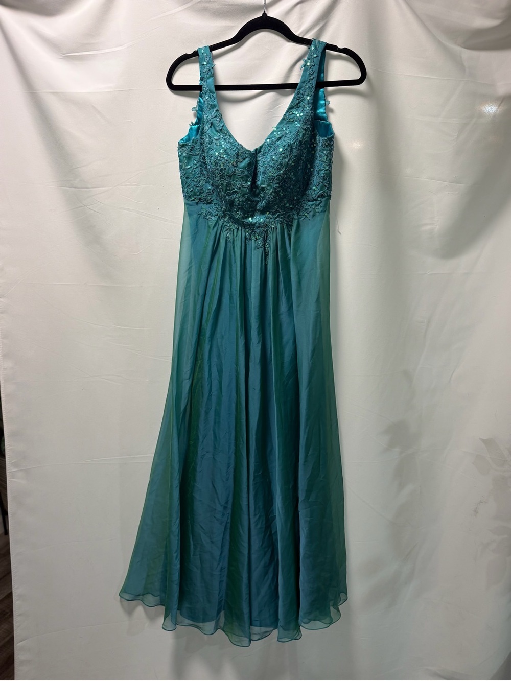 Nina Canacci Teal Beaded V-Neck Chiffon Prom Dress